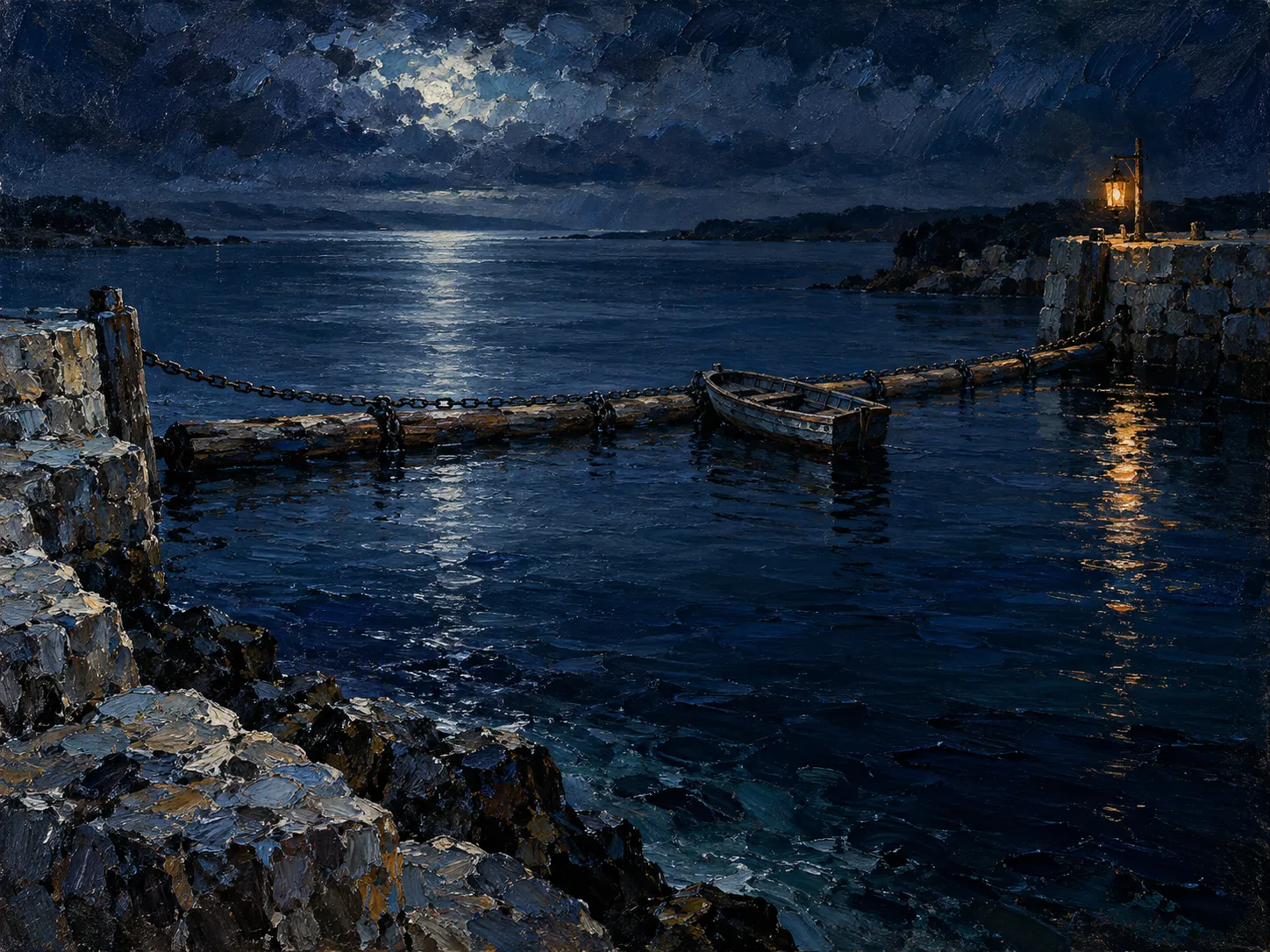 Oil painting of a harbor mouth at night, a timber boom chained across the entrance holding back a small drifting boat, one lantern lighting the chain.
