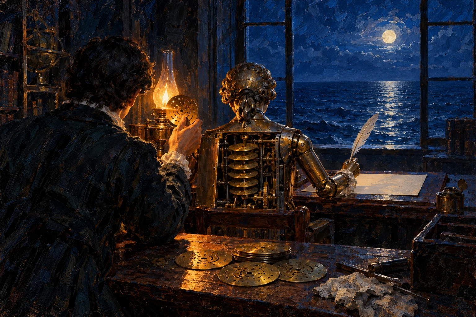 Oil painting of a figure seen from behind holding a brass cam disc up to an oil lamp beside a brass writing automaton at night, its back open on a stack of cam discs, a moonlit sea beyond the window.
