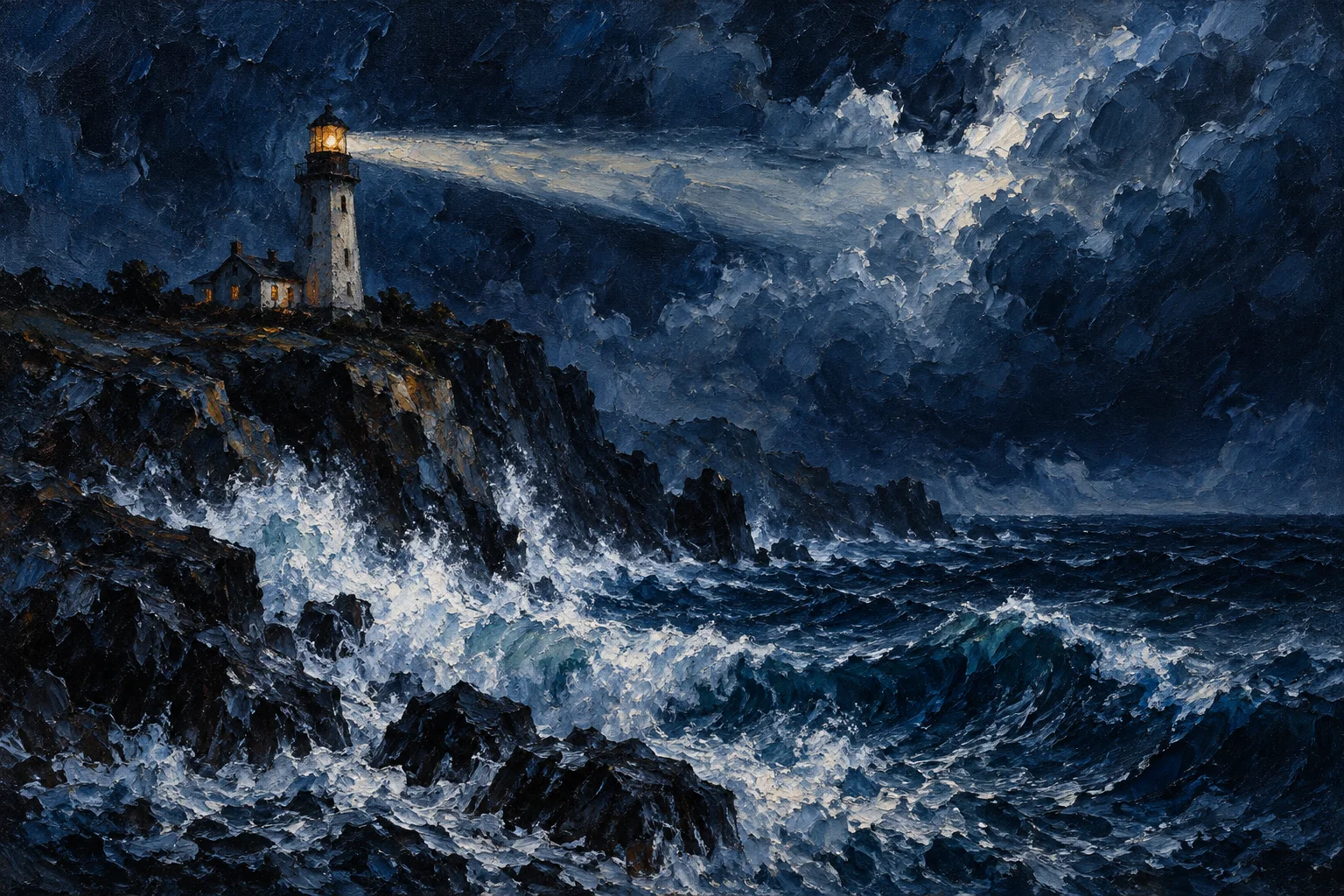Oil painting of a lighthouse sending its beam across a stormy sea at night.