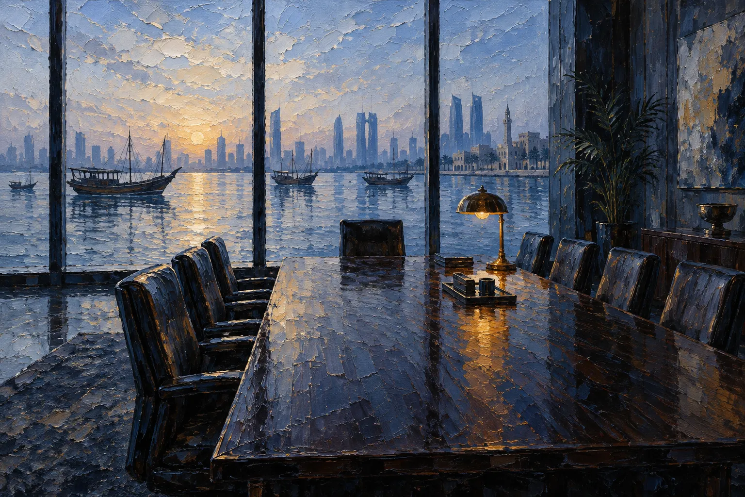Oil painting of an empty boardroom at dawn, a single desk lamp lit, windows open onto a harbor with wooden dhows.