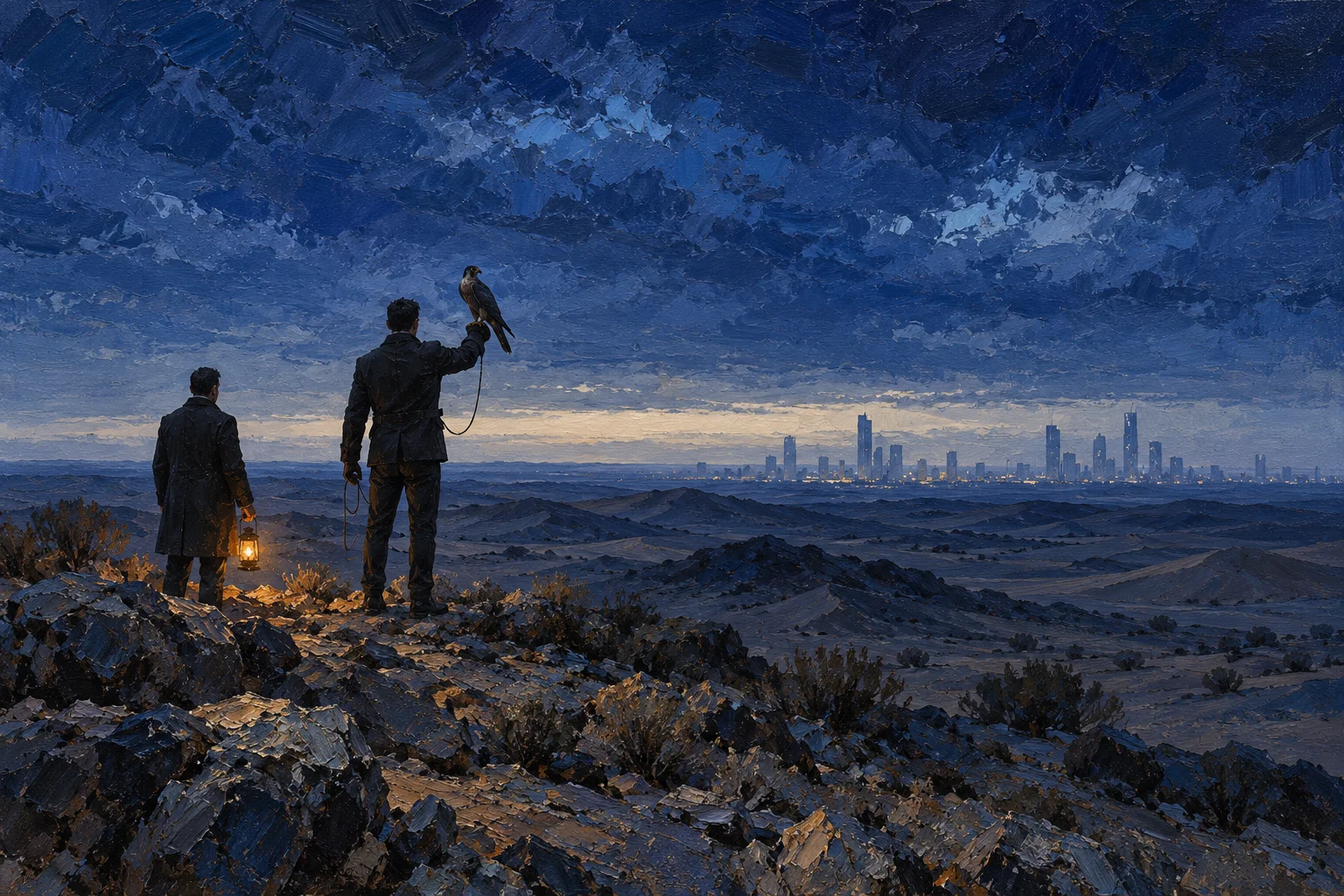 Oil painting of a falconer in a plain dark jacket seen from behind on a rocky desert ridge at dusk, a falcon on his raised glove and its leash in his other hand. A second figure in a long coat holds a lantern a few paces off, and a faint skyline of modern towers stands on the horizon.