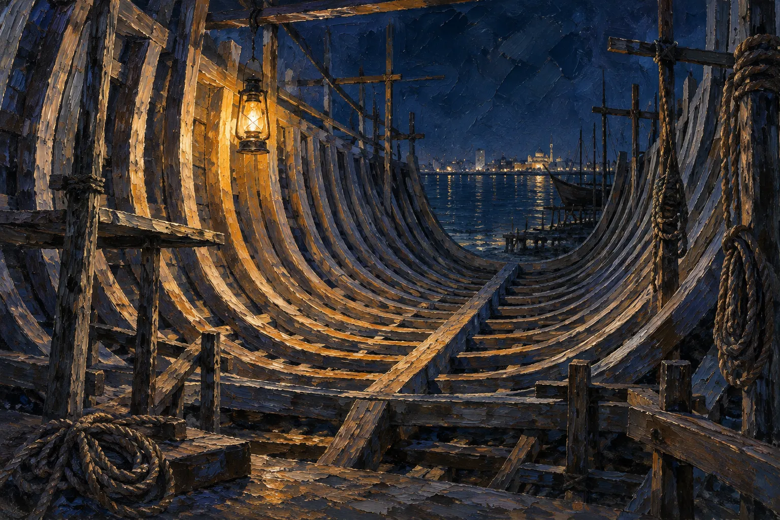 Oil painting of the wooden frame of a dhow under construction at night, its curved ribs lit by a hanging lantern, the water and a lit city beyond the open hull.
