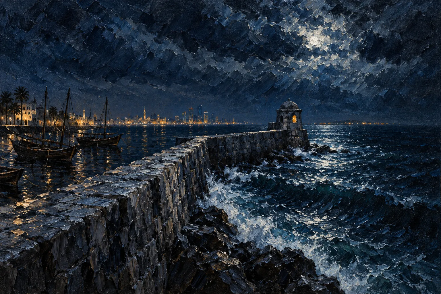 Oil painting of a stone sea wall at night that bends once as it runs out to sea, a small watch house at the bend with one lit window, waves breaking against the wall and a city lit across the water.