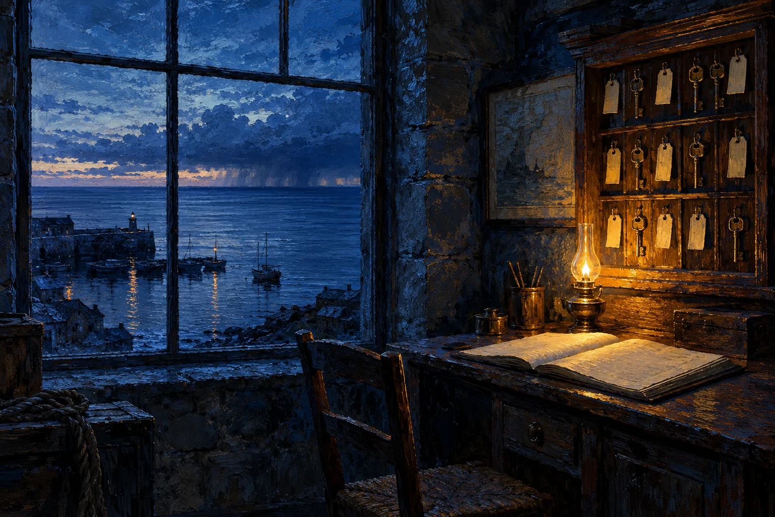 Oil painting of a stone harbor office at dusk, a cabinet of tagged brass keys under one oil lamp, and through the window a calm dark blue sea with a storm far out on the horizon.