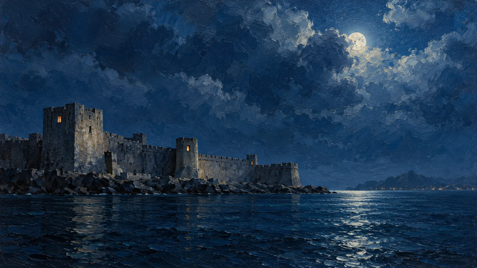 Oil painting of a stone coastal fortress at night under a cloudy moonlit sky, a few windows lit amber.
