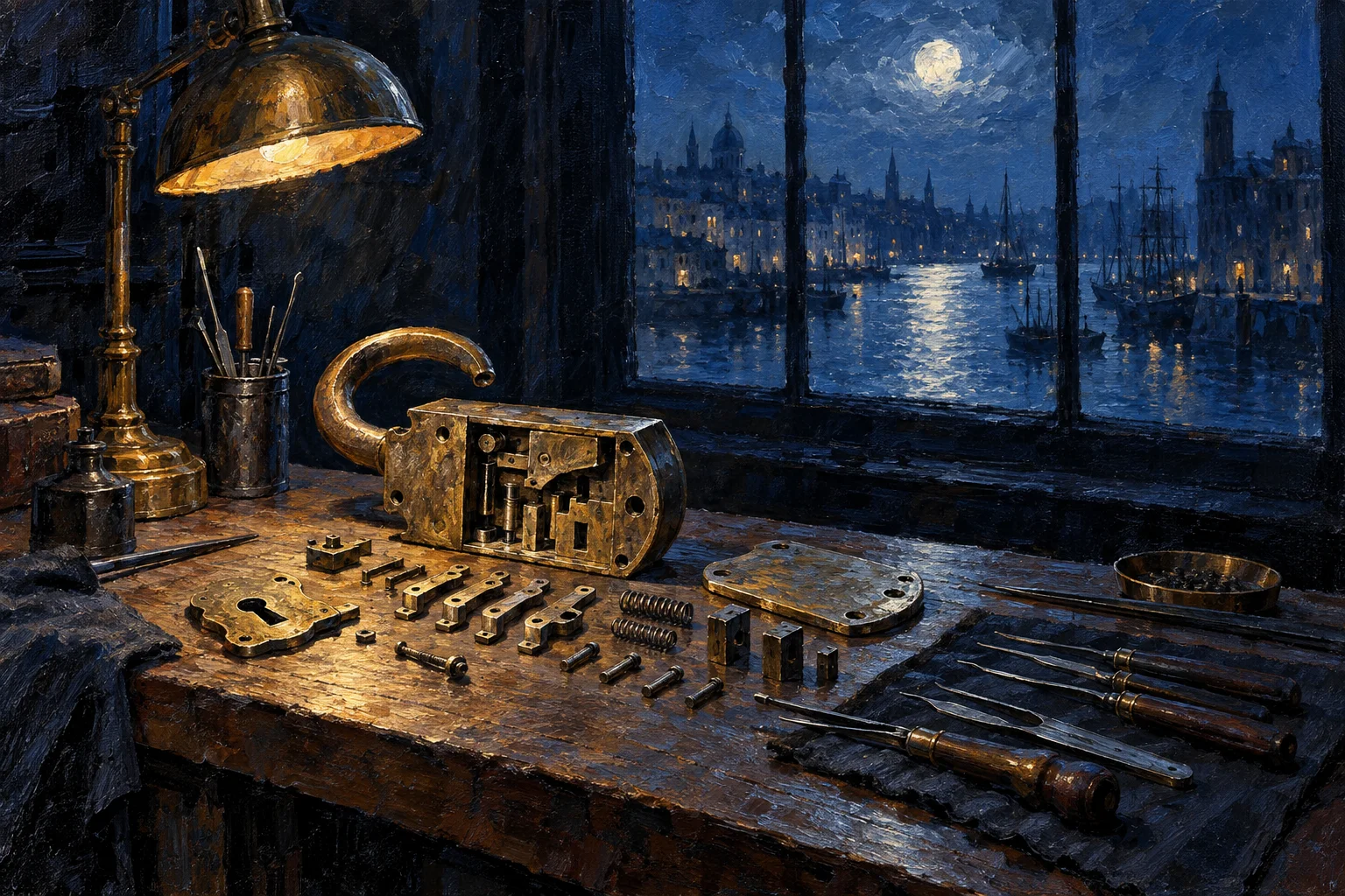 Oil painting of an antique brass lock taken apart on a workbench under a lamp, a moonlit harbor beyond the window.