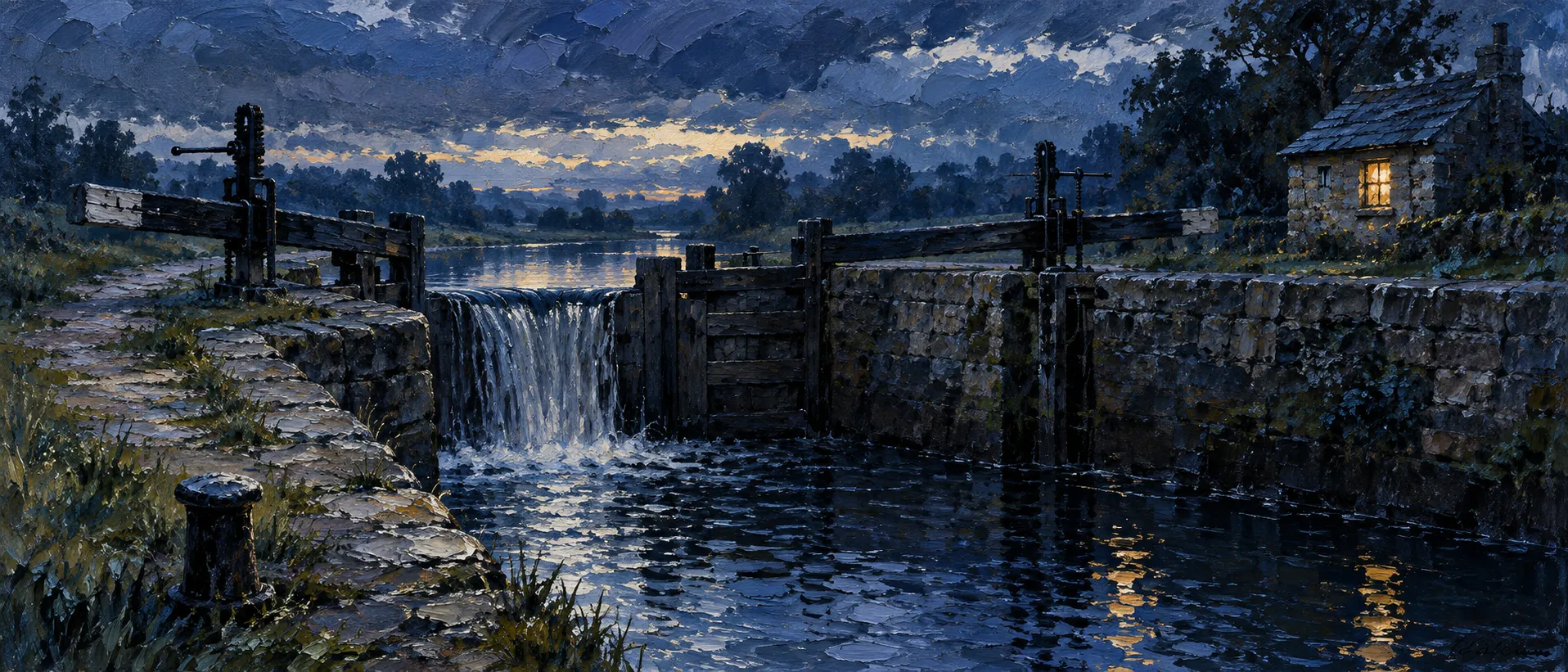 Oil painting of a stone canal lock at dusk, water spilling over a closed timber gate beside a keeper's cottage with one lit window.