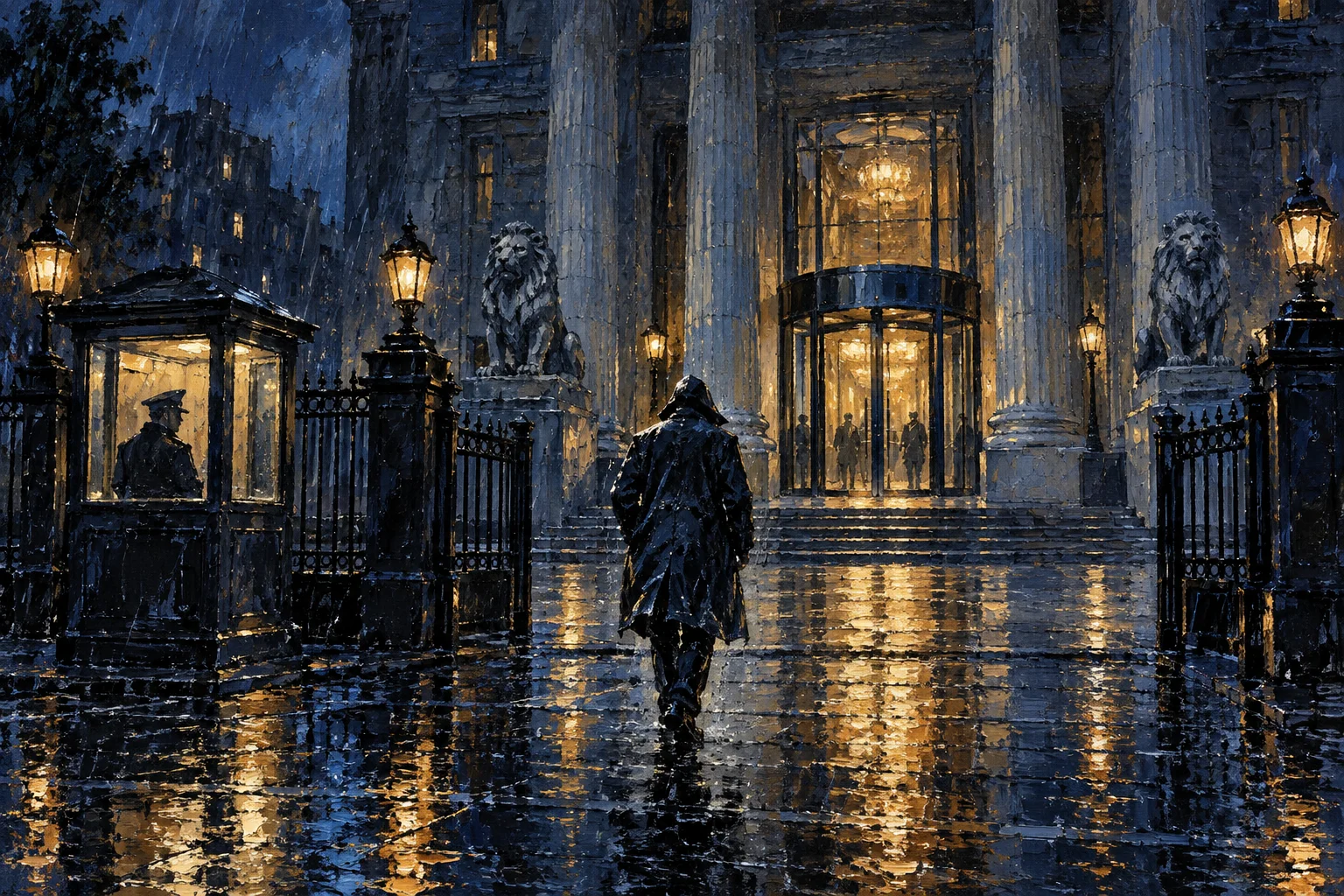 Oil painting of a figure in the rain approaching a lit stone bank entrance, a guard visible in a gatehouse.