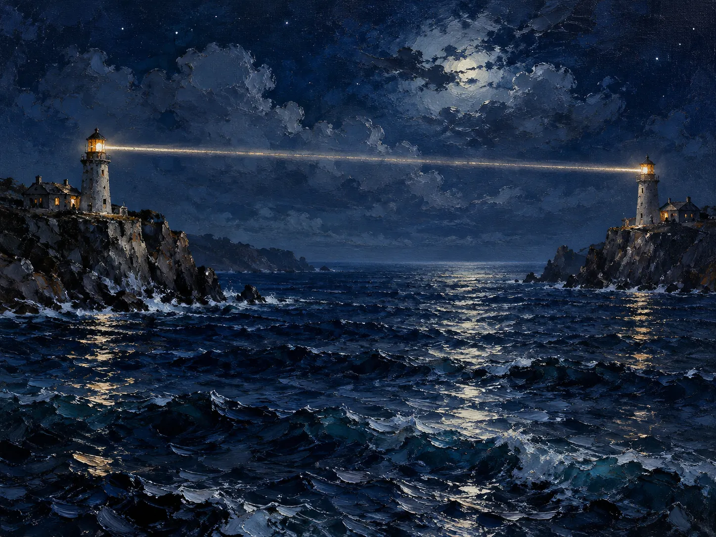 Oil painting of two lighthouses on opposite headlands at night, a single beam of light running level from one lantern to the other across a dark strait.