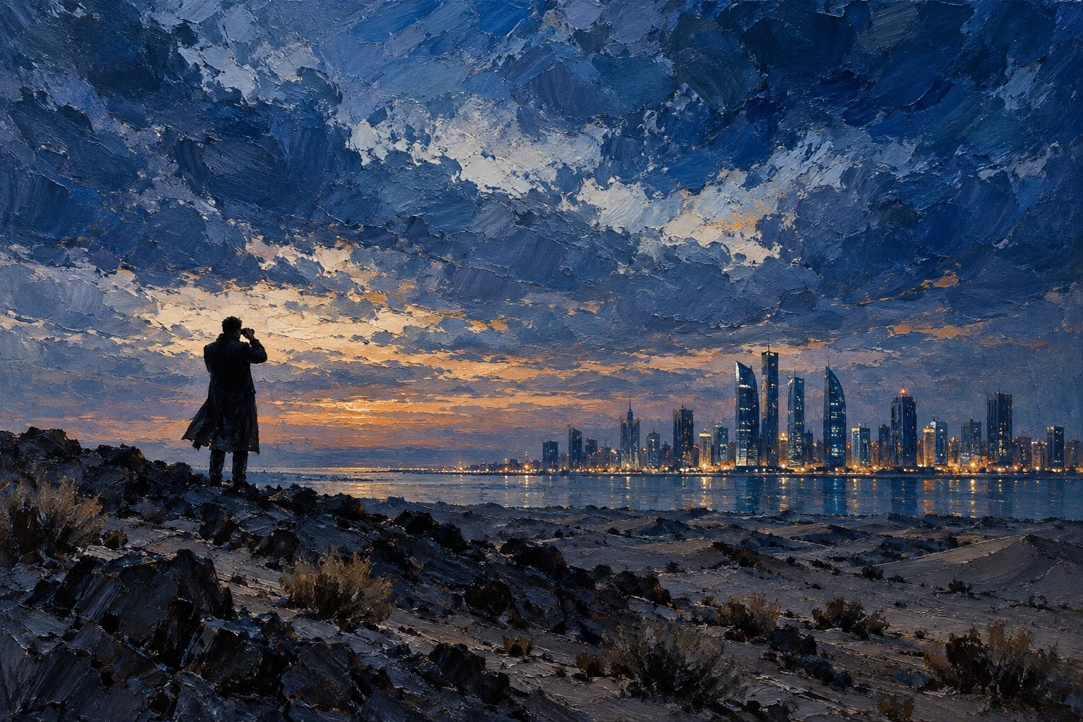 Oil painting of a lone observer on a desert ridge at dusk, looking across the water toward a city skyline.