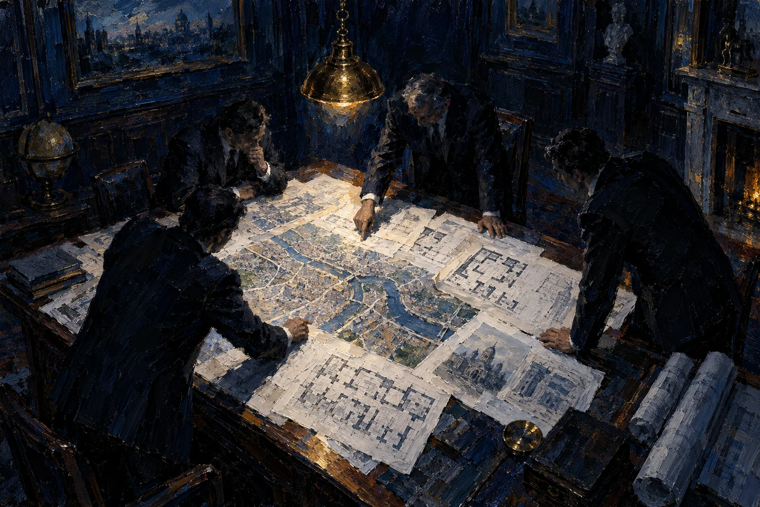 Oil painting of four people studying floor plans and a city map under a single brass lamp in a dark room.