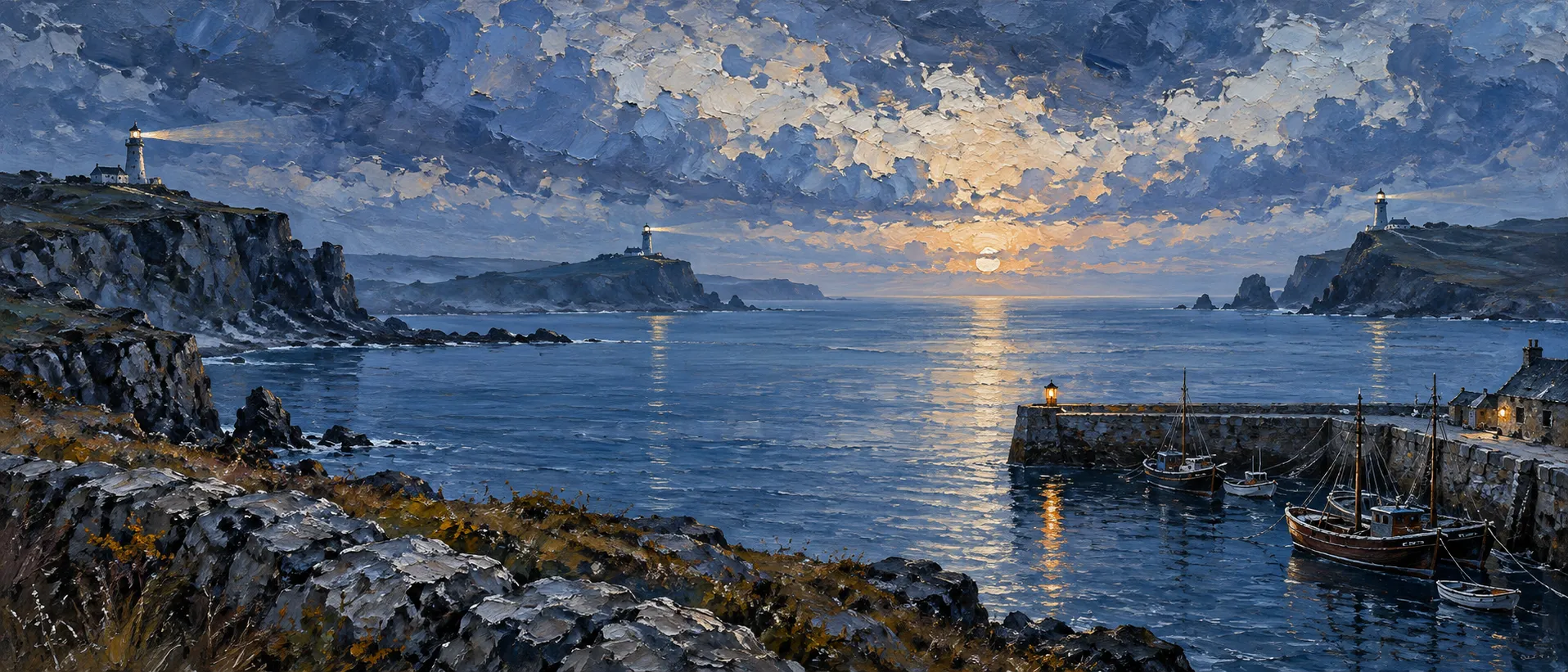 Oil painting of a rocky coastline at first light, three lighthouses on separate headlands and wooden boats moored inside a stone harbor wall.