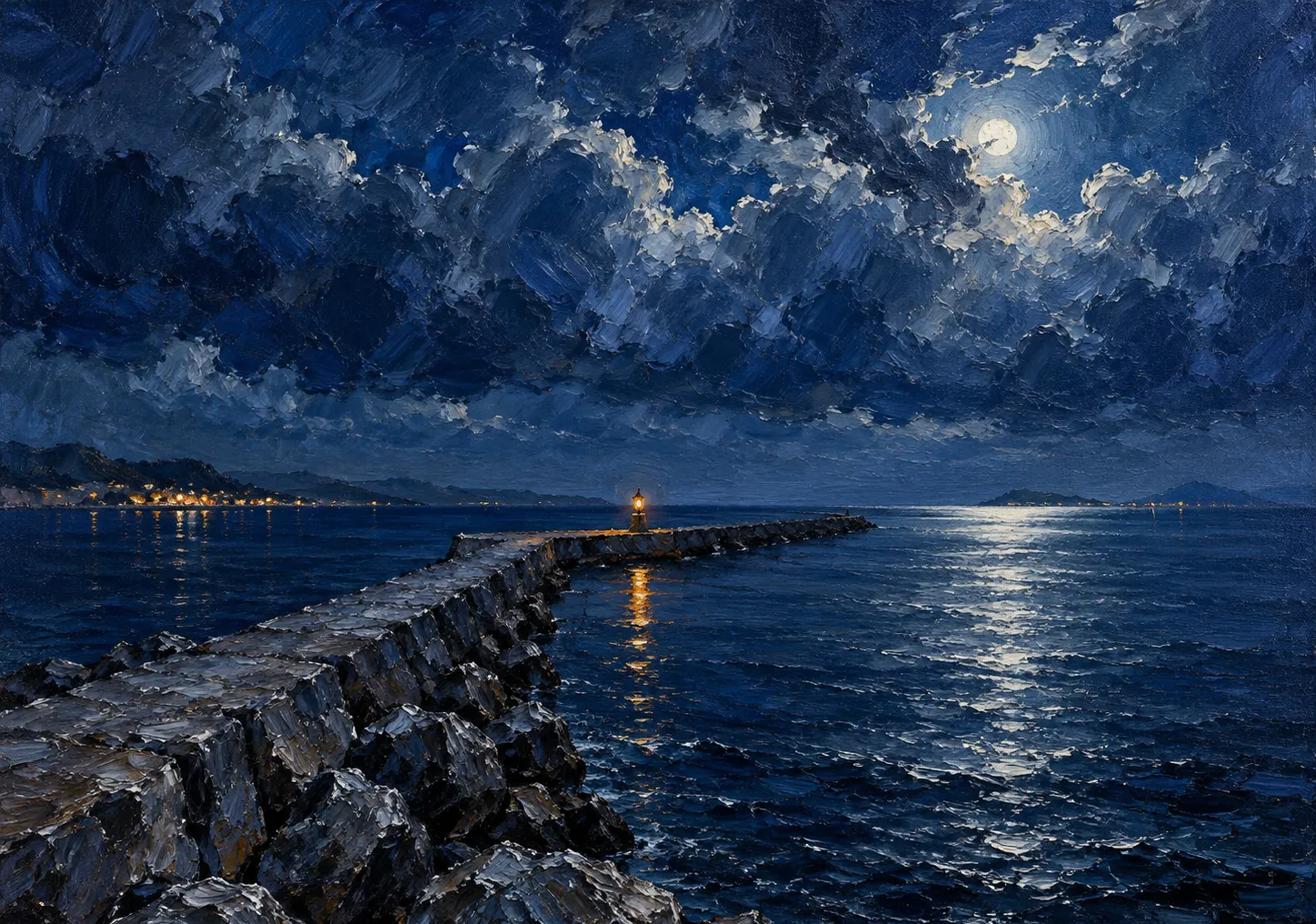 Oil painting of a stone breakwater at night that runs out to sea, turns once at an angle and runs on, with a small lantern lit at the turn.