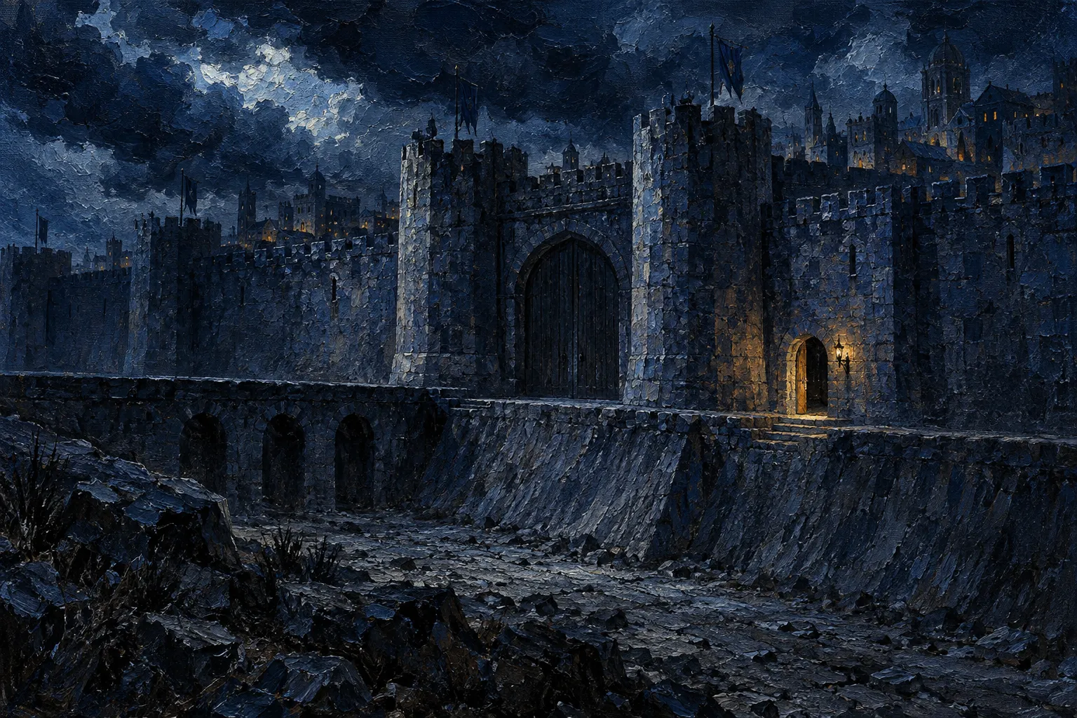 Oil painting of a walled city at night across a dry moat. The great gate is shut and dark, and a small side door beside it stands open, lamplight spilling onto the stones.