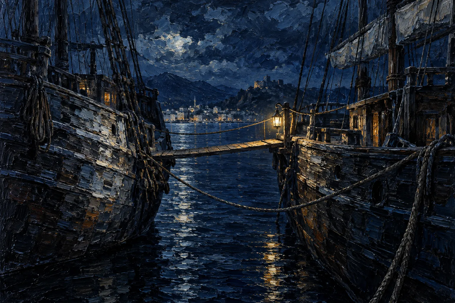 Oil painting of heavy mooring chains and bollards on a dark quayside at night, a lit harbor beyond.