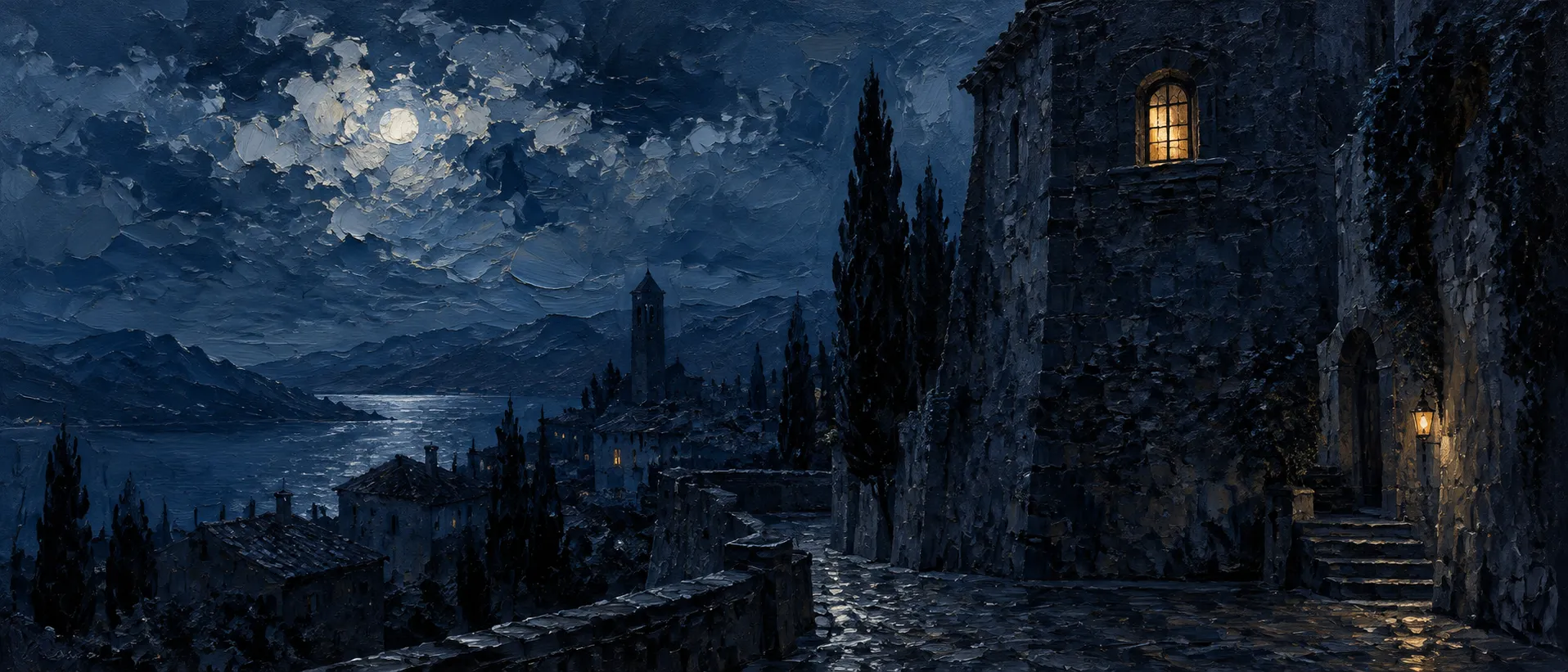 Oil painting of a stone building on a hillside at night, one high window lit amber, a moonlit bay and cypress trees beyond.